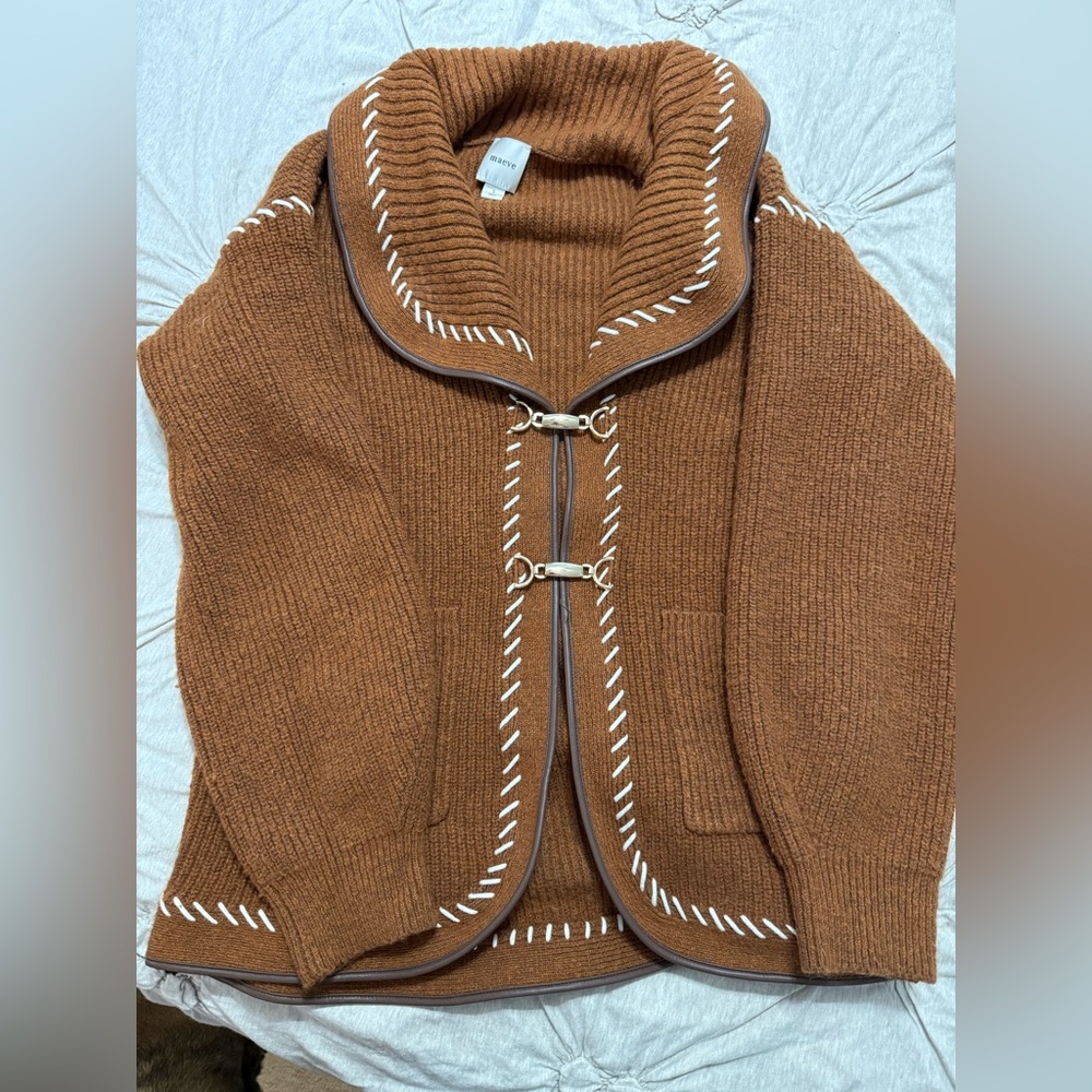 Maeve Anthropologie faux leather Brown Sweater with White Stitching - Picture 4 of 4